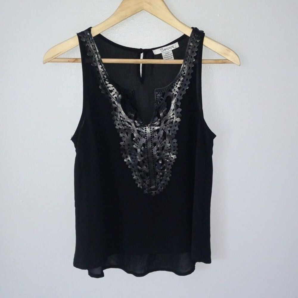 Swoon Small Sheer Black Tank-Faux Leather Trim-Keyhole Back-Flowy-Grunge-Goth